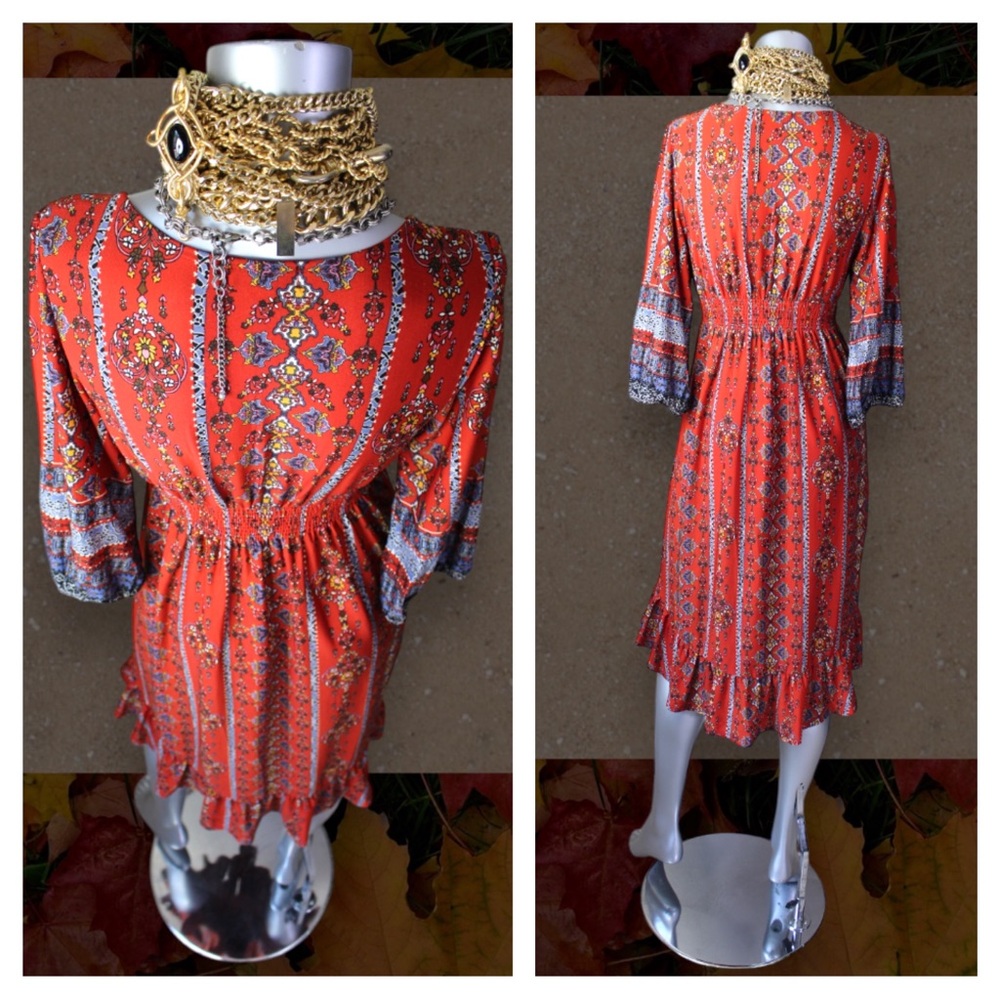 ONE WORLD Bohemian Mixed Floral Tribal Print Midi Dress - Picture 6 of 17